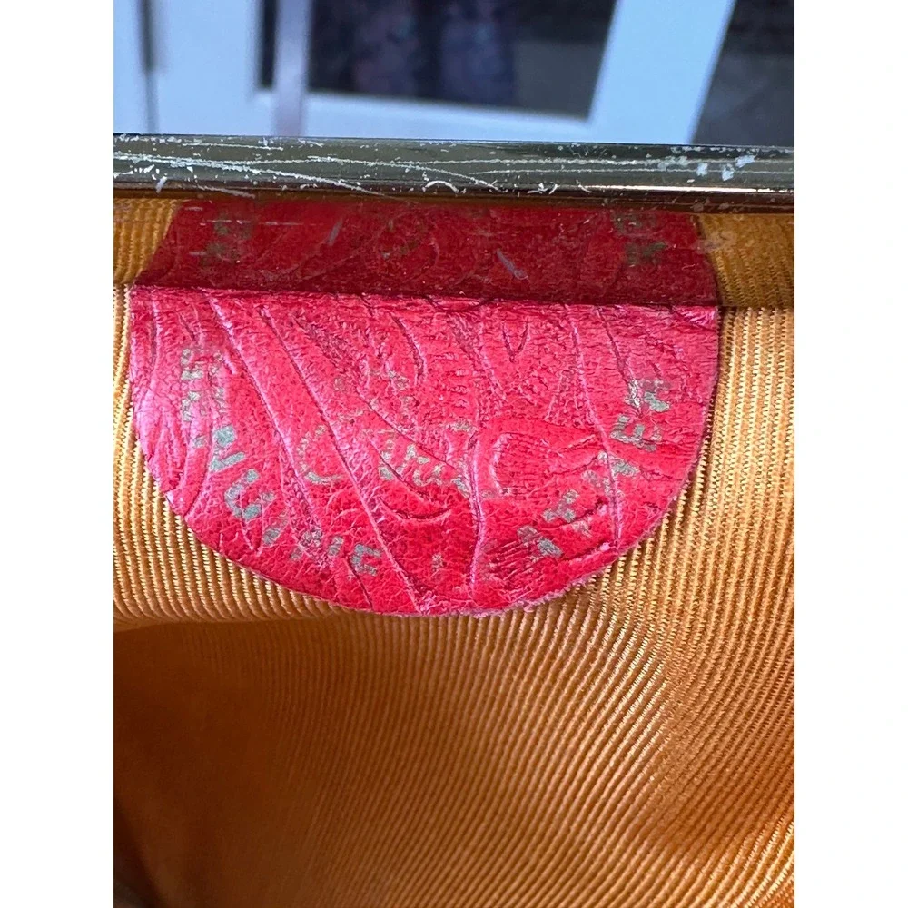 Vintage Red Embossed‎ Leather Clutch Bag Gold Chain Strap Floral Paisley Good